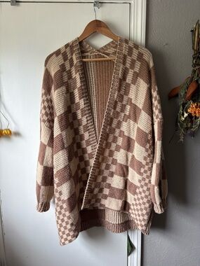 Cozy Open-Front Checker Knit Cardigan - Cream & Brown